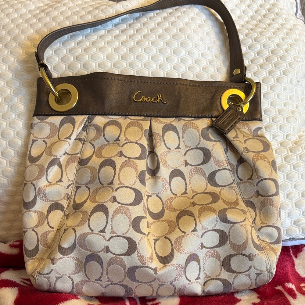 Coach Signature Canvas Shoulder Bag in Beige and Brown with Gold Hardware